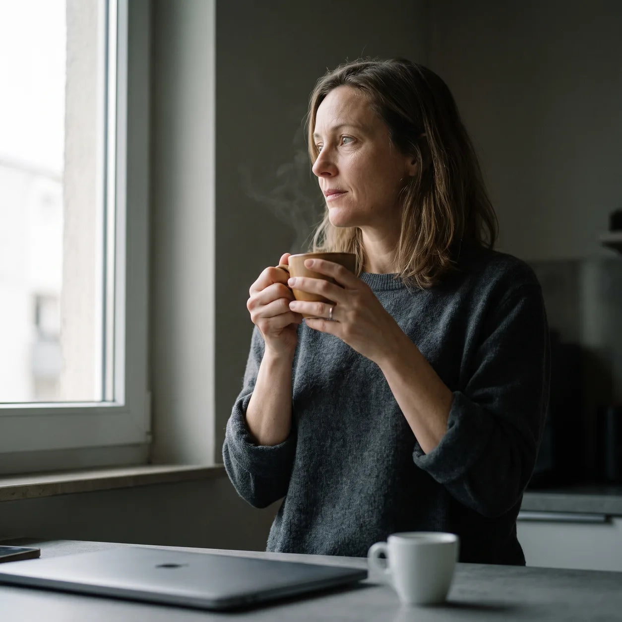 Ausgeruht am Küchenfenster mit Kaffee — der Morgen nach einer erholsamen Nacht