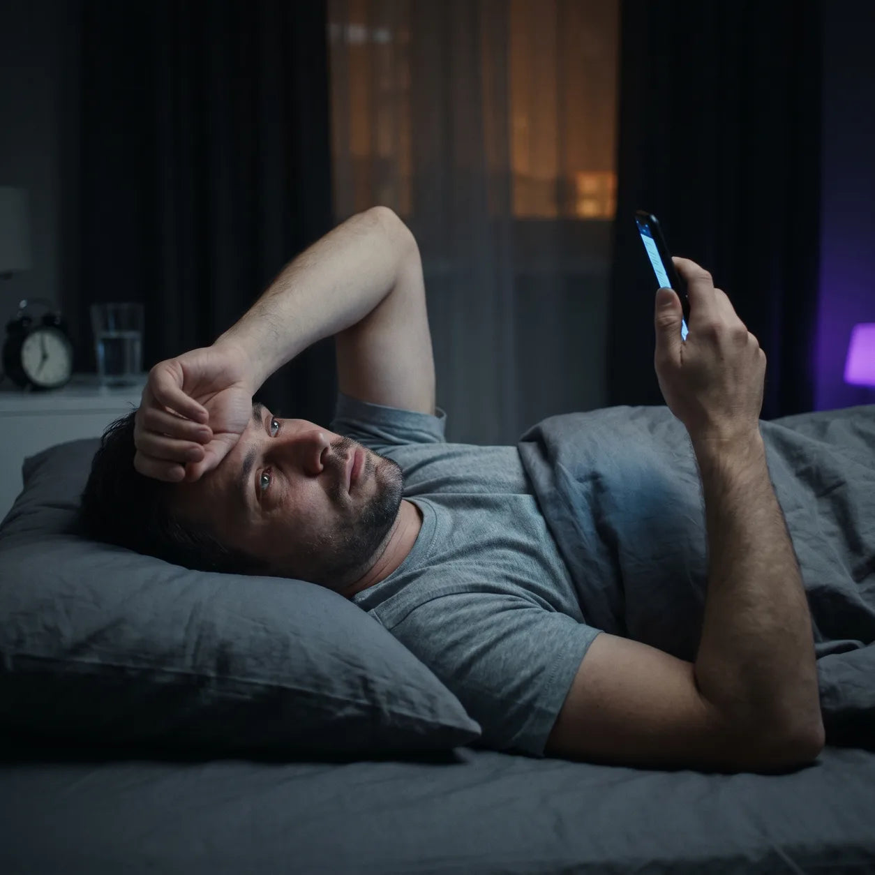 Wach im Bett um 23:47, das Gesicht im kalten Licht des Smartphones — der Kopf schaltet nicht ab