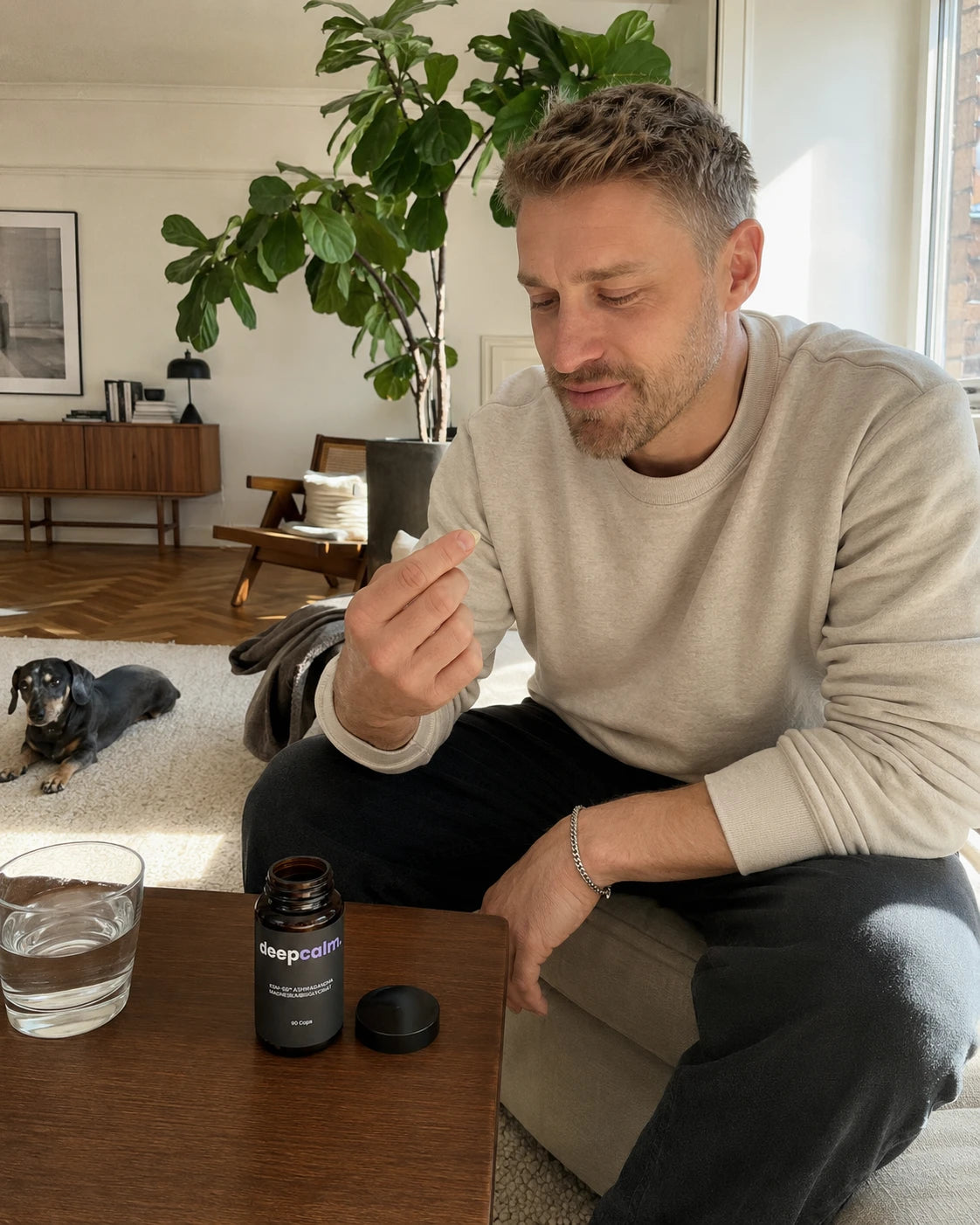 Mann mit Hund nimmt deepcalm Kapsel